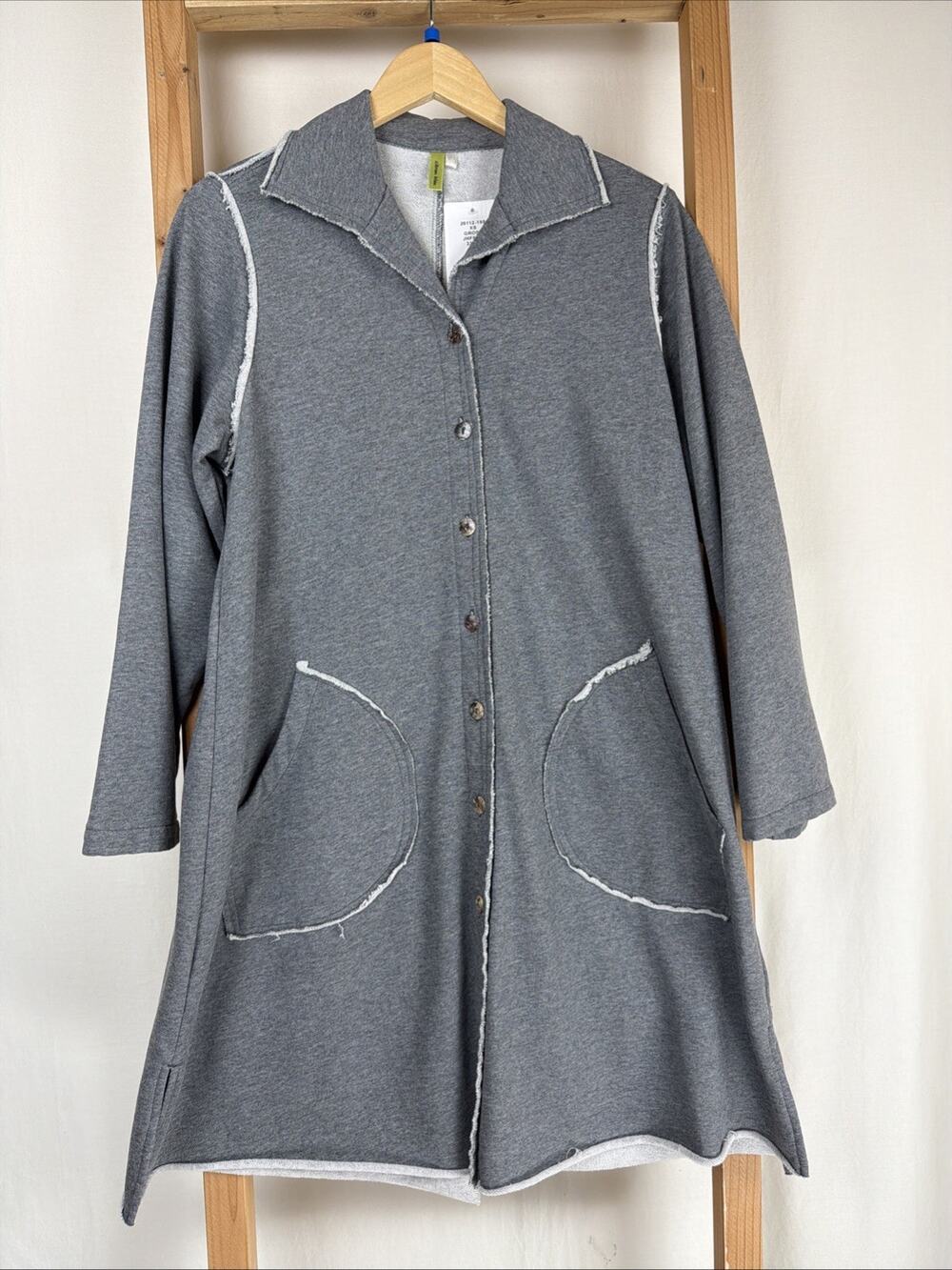 NWT Kleen Gray French Terry Button Raw Edge Pockets Long Jacket #0859 XS